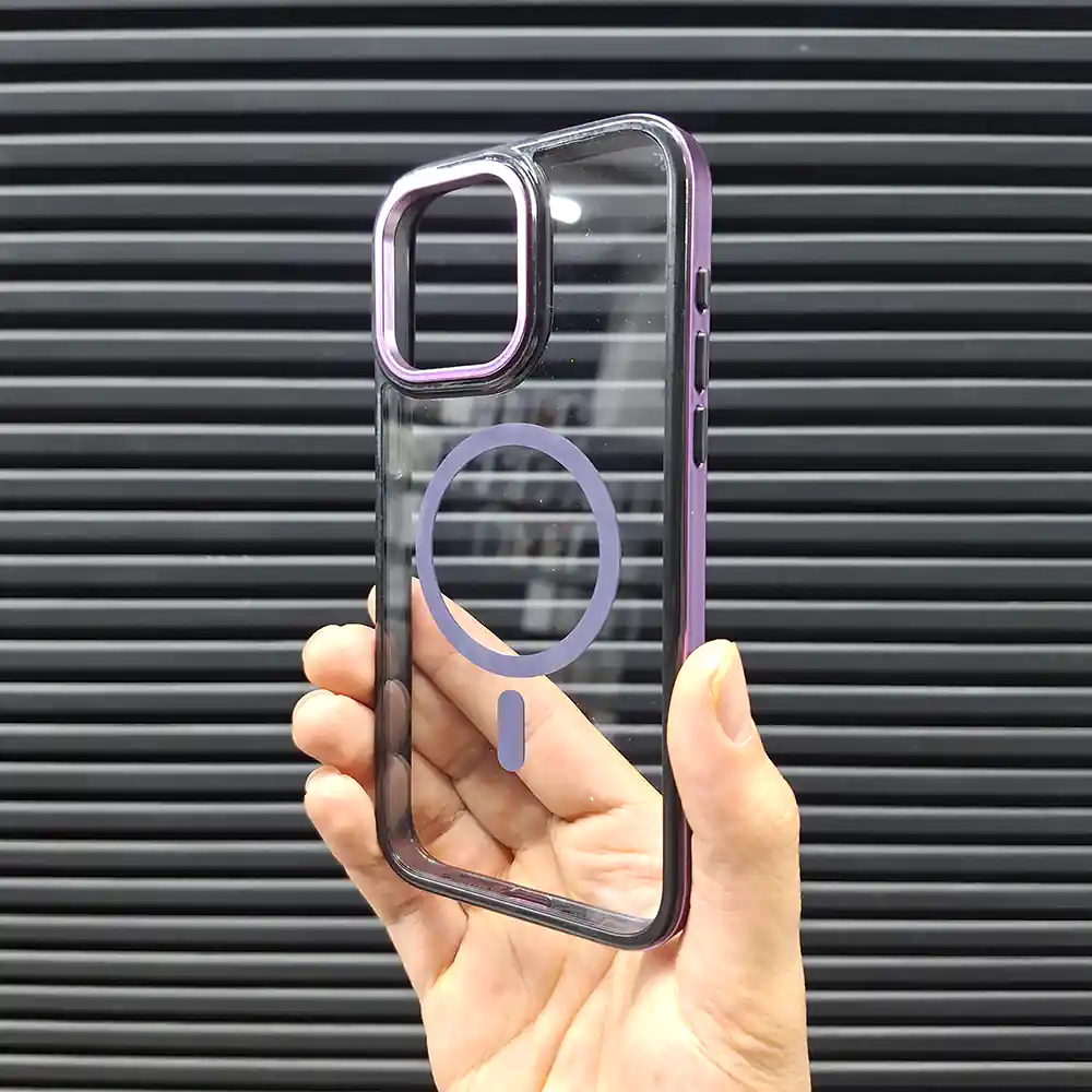 قاب (کاور، گارد، کیس) آیفون (iphone) stylish دور فلزی شفاف شیشه ای بی رنگ ارزان مگ سیف و محافظ لنز دار بنفش