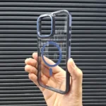 قاب (کاور، گارد، کیس) آیفون (iphone) stylish دور فلزی شفاف شیشه ای بی رنگ ارزان مگ سیف و محافظ لنز دار سرمه ای