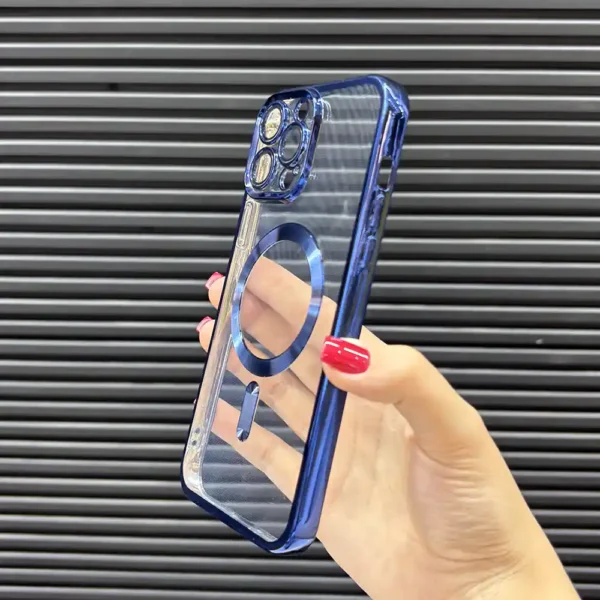 قاب (کاور، گارد، کیس) آیفون (iphone) شفاف شیشه ای ژله ای tpu مگ سیف (مگنتی) و محافظ لنز دار سرمه ای