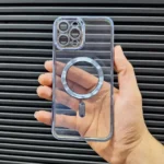 قاب (کاور، گارد، کیس) آیفون (iphone) شفاف شیشه ای ژله ای tpu مگ سیف (مگنتی) و محافظ لنز دار آبی