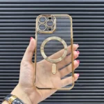 قاب (کاور، گارد، کیس) آیفون (iphone) شفاف شیشه ای ژله ای tpu مگ سیف (مگنتی) و محافظ لنز دار طلایی
