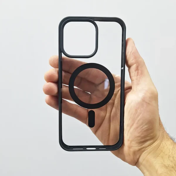 قاب (کاور، گارد، کیس) اپل آیفون (iphone) شفاف شیشه ای دور رنگ مگ سیف (مگنتی) مشکی