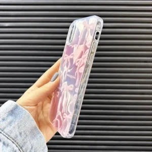 قاب گوشی (کاور، گارد، کیس) اپل آیفون (iphone) دخترانه طرح دار فانتزی سه بعدی هولوگرامی پاپیون درشت صورتی نقره ای