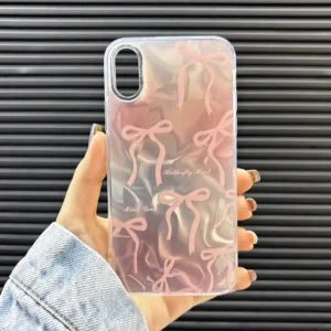 قاب گوشی (کاور، گارد، کیس) اپل آیفون (iphone) دخترانه طرح دار فانتزی سه بعدی هولوگرامی پاپیون درشت صورتی نقره ای