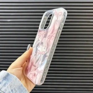 قاب گوشی (کاور، گارد، کیس) اپل آیفون (iphone) دخترانه طرح دار فانتزی سه بعدی هولوگرامی پاپیون درشت صورتی نقره ای